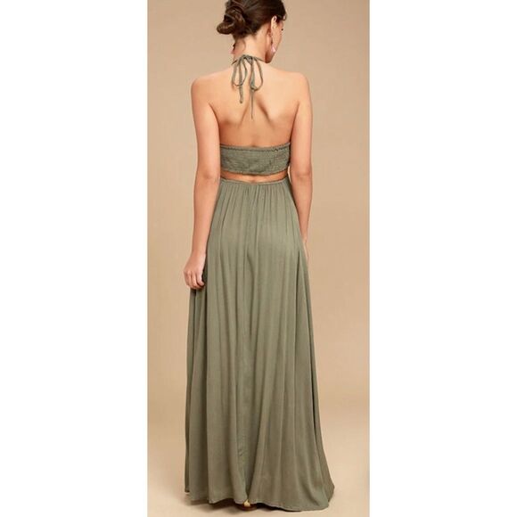 Lulus Little Beach Olive Green Lined Cutout‎ Embroidered Maxi Dress NWT L - Picture 3 of 15